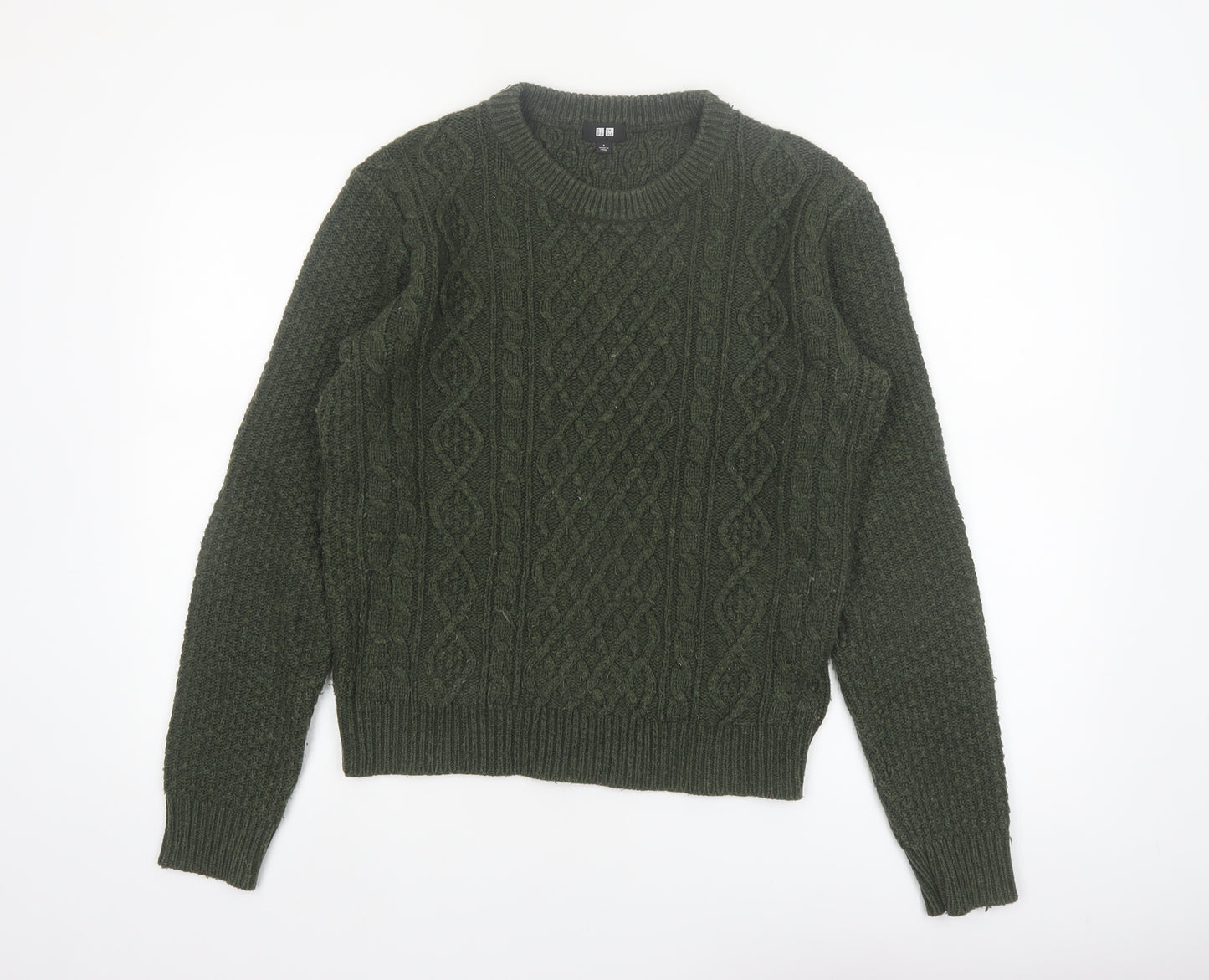 Uniqlo Womens Green Cable-Knit Wool Blend Jumper Size S Classic Style