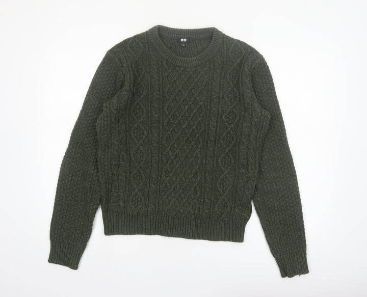 Uniqlo Womens Green Cable-Knit Wool Blend Jumper Size S Classic Style