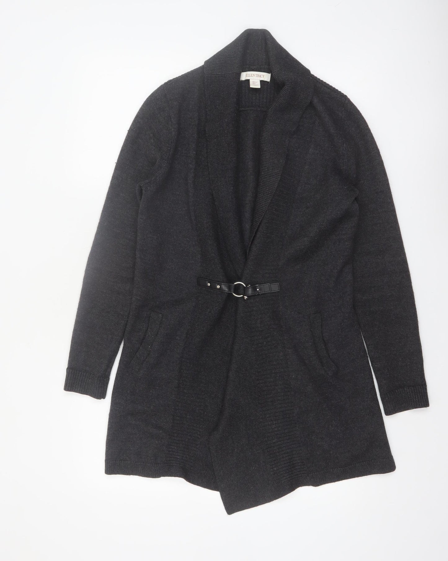 Ellen Tracy Women's Black L Belted Open Front Knit Cardigan