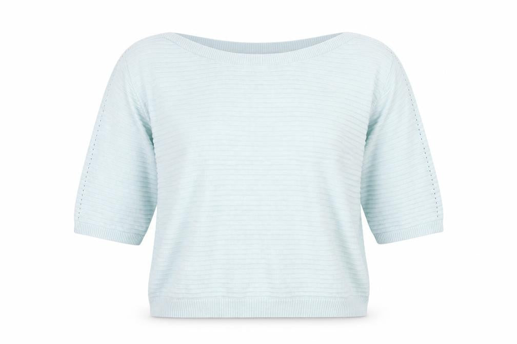 Front view of Marble Women Blue Cotton Boat Neck 3/4 Sleeve jumper, size 16