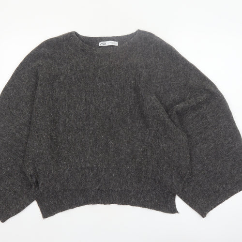 Zara Women Grey Wool Blend Relaxed Chunky-Knit Jumper Size 12