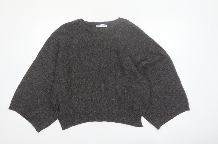 Zara Women Grey Wool Blend Relaxed Chunky-Knit Jumper Size 12