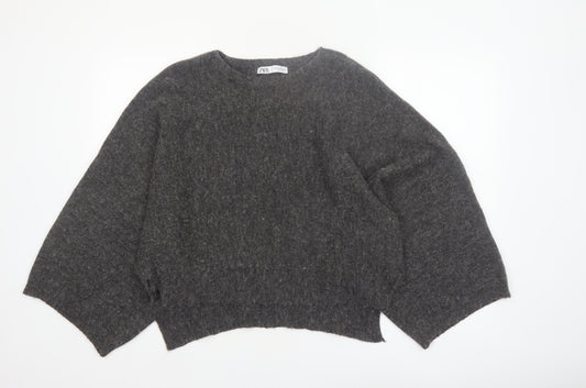 Zara Women Grey Wool Blend Relaxed Chunky-Knit Jumper Size 12