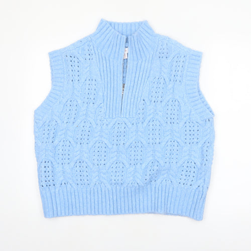 Lyn De Hiri Women Blue Cable-Knit Sleeveless 1/4 Zip Vest Jumper XL