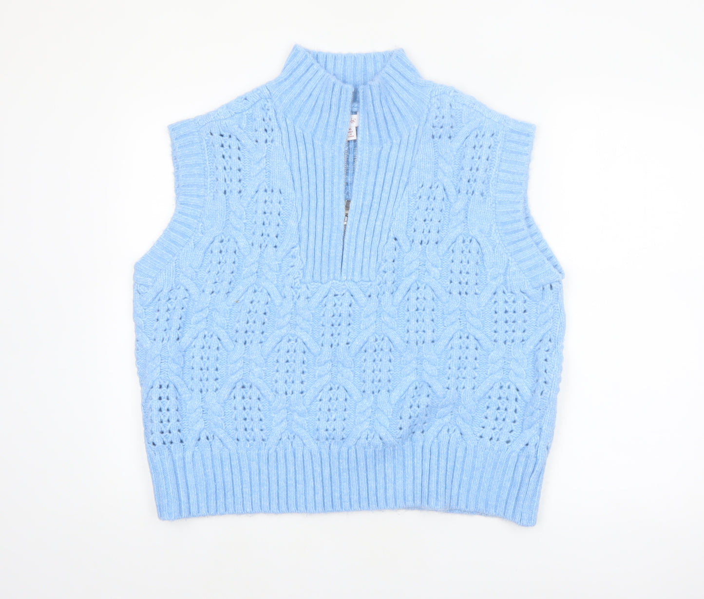 Lyn De Hiri Women Blue Cable-Knit Sleeveless 1/4 Zip Vest Jumper XL