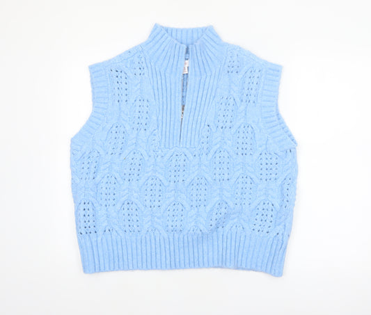 Lyn De Hiri Women Blue Cable-Knit Sleeveless 1/4 Zip Vest Jumper XL