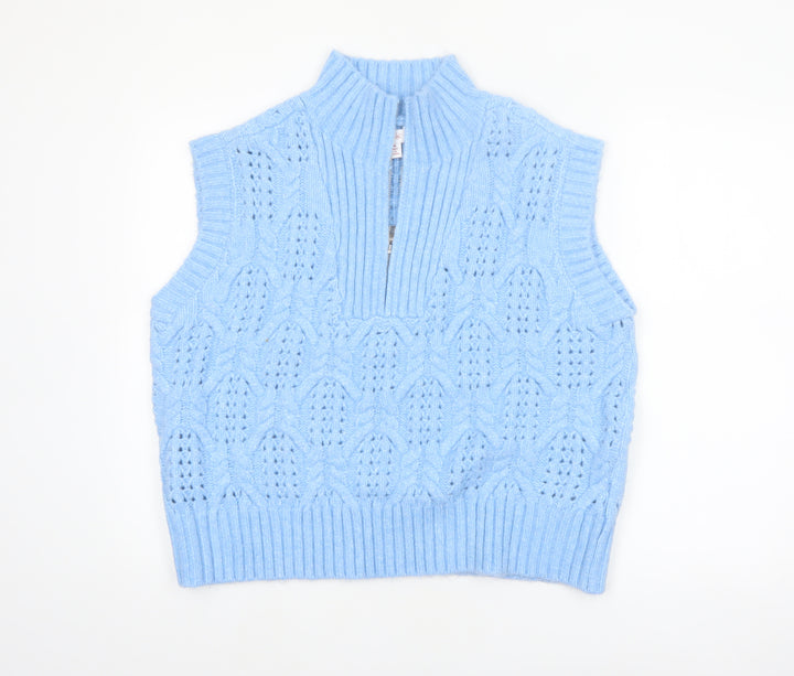 Lyn De Hiri Women Blue Cable-Knit Sleeveless 1/4 Zip Vest Jumper XL