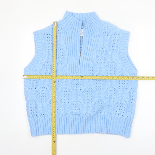 Lyn De Hiri Women Blue Cable-Knit Sleeveless 1/4 Zip Vest Jumper XL