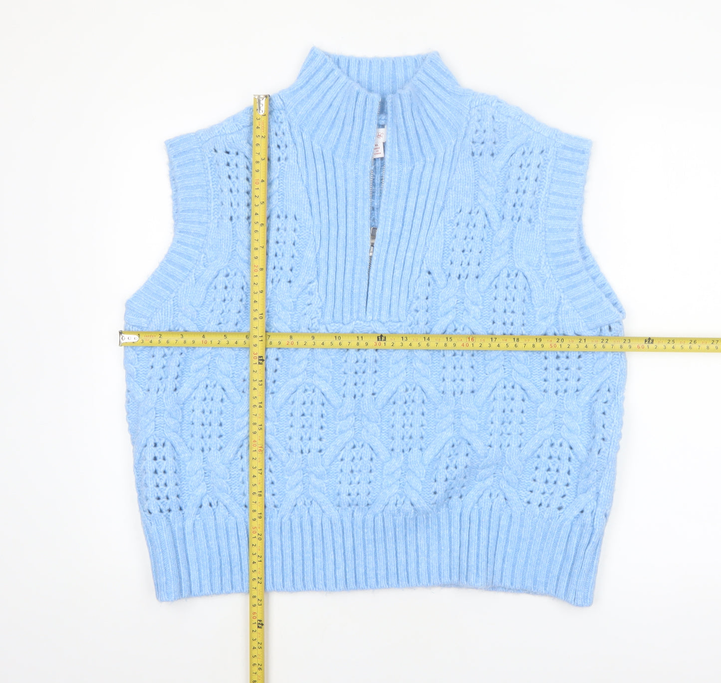 Lyn De Hiri Women Blue Cable-Knit Sleeveless 1/4 Zip Vest Jumper XL