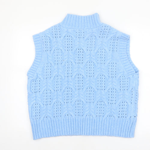 Lyn De Hiri Women Blue Cable-Knit Sleeveless 1/4 Zip Vest Jumper XL