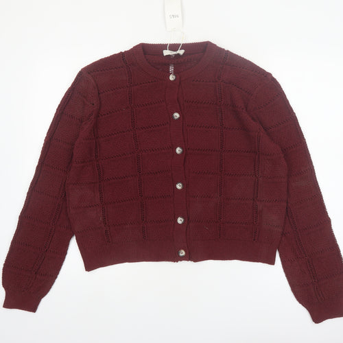 Marks and Spencer Women Red Knit Cardigan L Crew Neck Button Long Sleeve