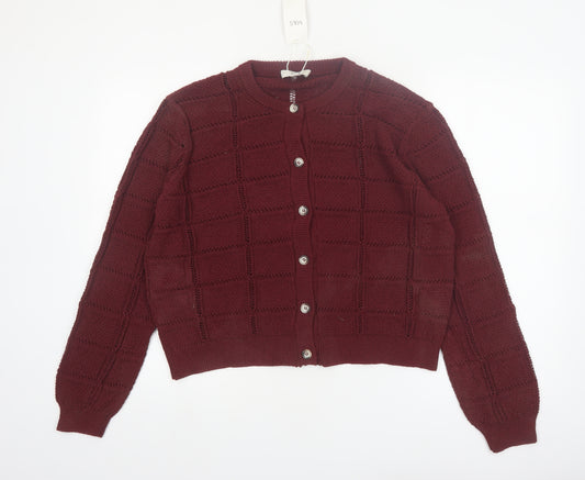 Marks and Spencer Women Red Knit Cardigan L Crew Neck Button Long Sleeve