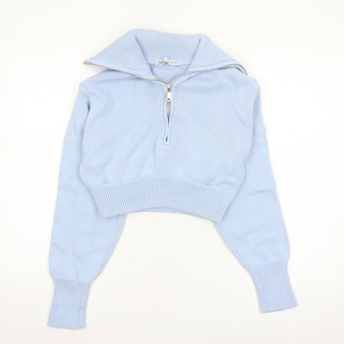 ZARA Women’s Blue Cotton Collared Half Zip Knit Jumper Size S