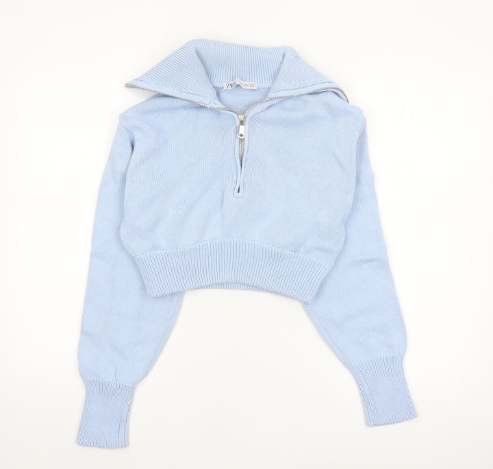 ZARA Women’s Blue Cotton Collared Half Zip Knit Jumper Size S