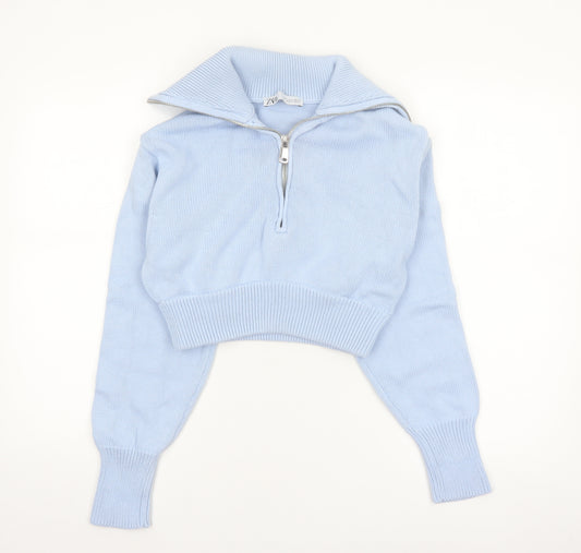 ZARA Women’s Blue Cotton Collared Half Zip Knit Jumper Size S