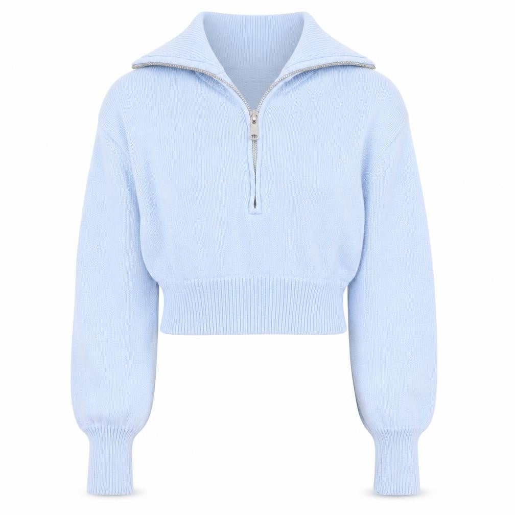Front view of Zara Women’s Blue Cotton Collared Half Zip Knit Jumper, size S
