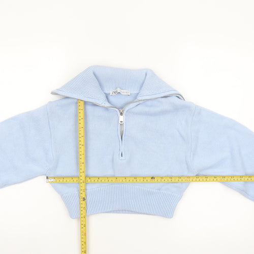 ZARA Women’s Blue Cotton Collared Half Zip Knit Jumper Size S