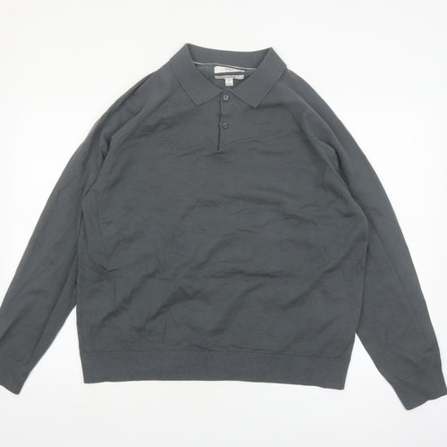 Marks and Spencer Men's Grey XL Collared Cotton Henley Jumper