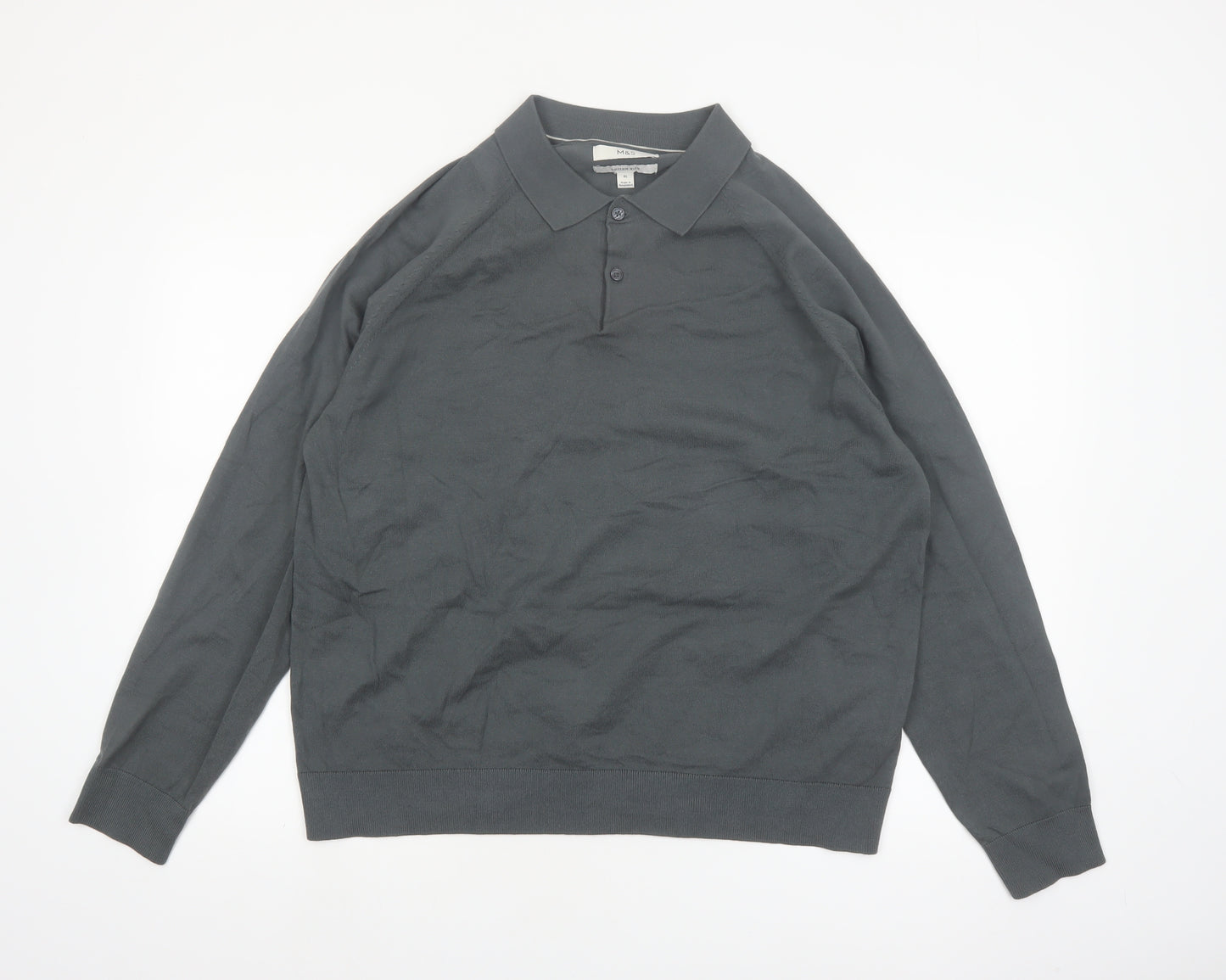 Marks and Spencer Men's Grey XL Collared Cotton Henley Jumper