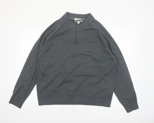 Marks and Spencer Men's Grey XL Collared Cotton Henley Jumper