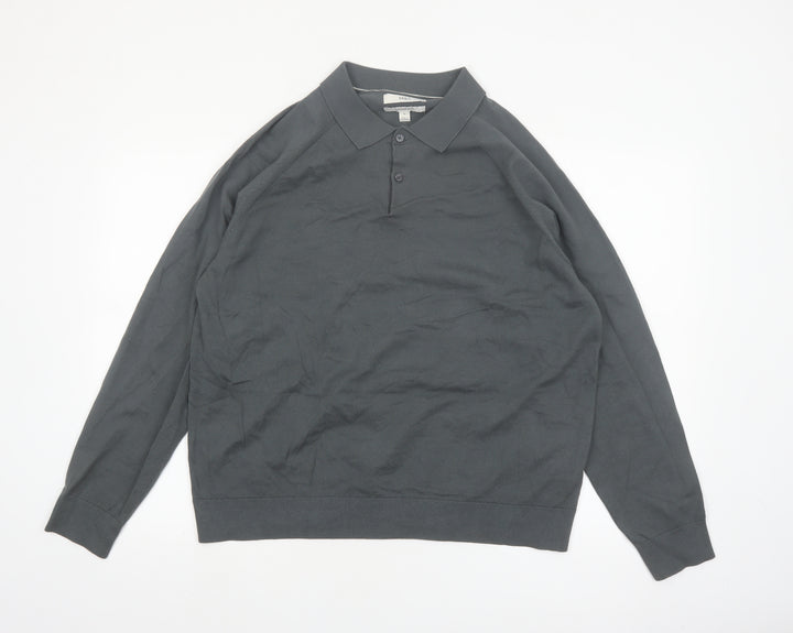 Marks and Spencer Men's Grey XL Collared Cotton Henley Jumper