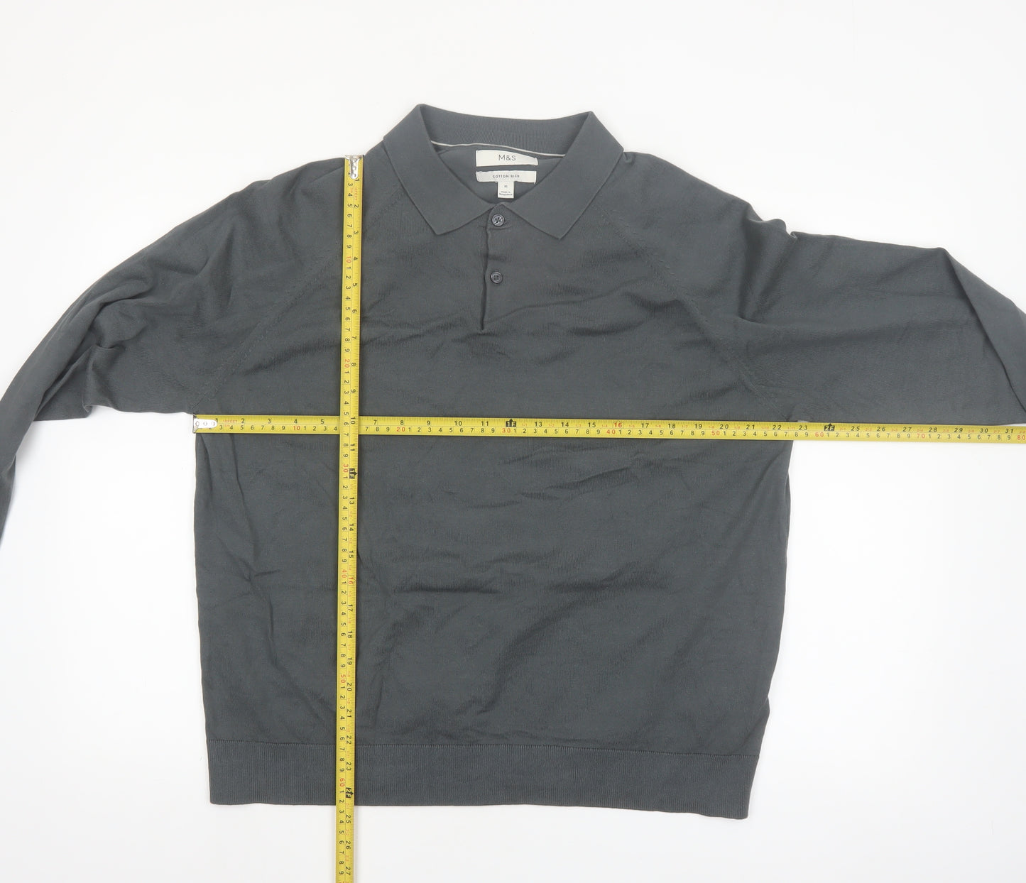 Marks and Spencer Men's Grey XL Collared Cotton Henley Jumper