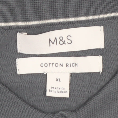 Marks and Spencer Men's Grey XL Collared Cotton Henley Jumper