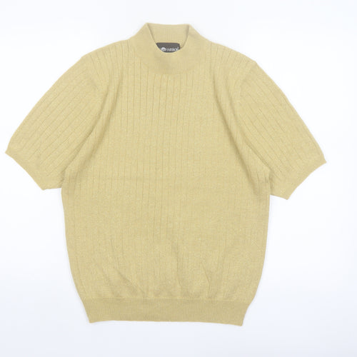 Sag Harbor Women Gold Mock Neck Short Sleeve Ribbed Knit Jumper Size L