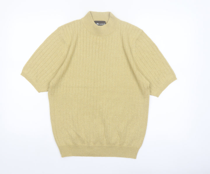 Sag Harbor Women Gold Mock Neck Short Sleeve Ribbed Knit Jumper Size L