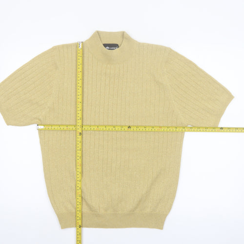 Sag Harbor Women Gold Mock Neck Short Sleeve Ribbed Knit Jumper Size L