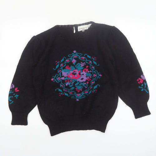 White Stag Womens Black Medium Floral Knit Pullover Jumper Wool Blend