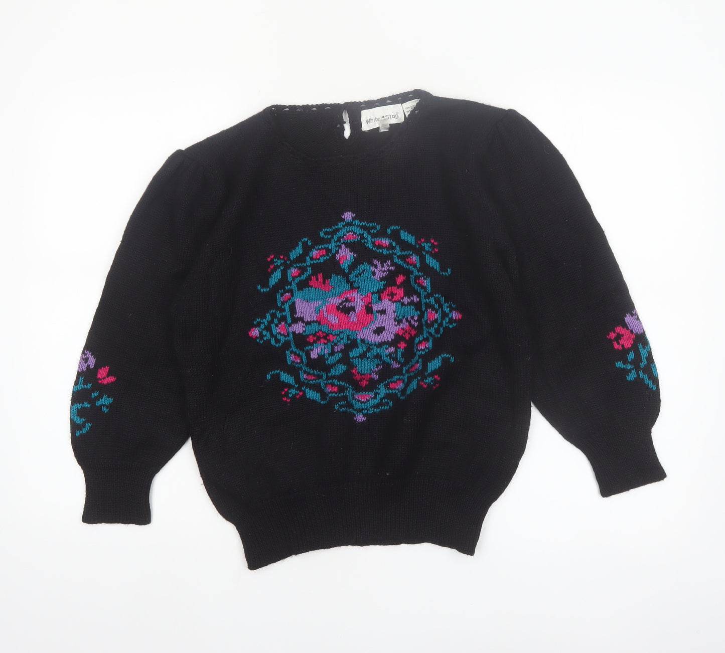 White Stag Womens Black Medium Floral Knit Pullover Jumper Wool Blend