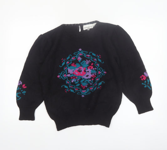 White Stag Womens Black Medium Floral Knit Pullover Jumper Wool Blend