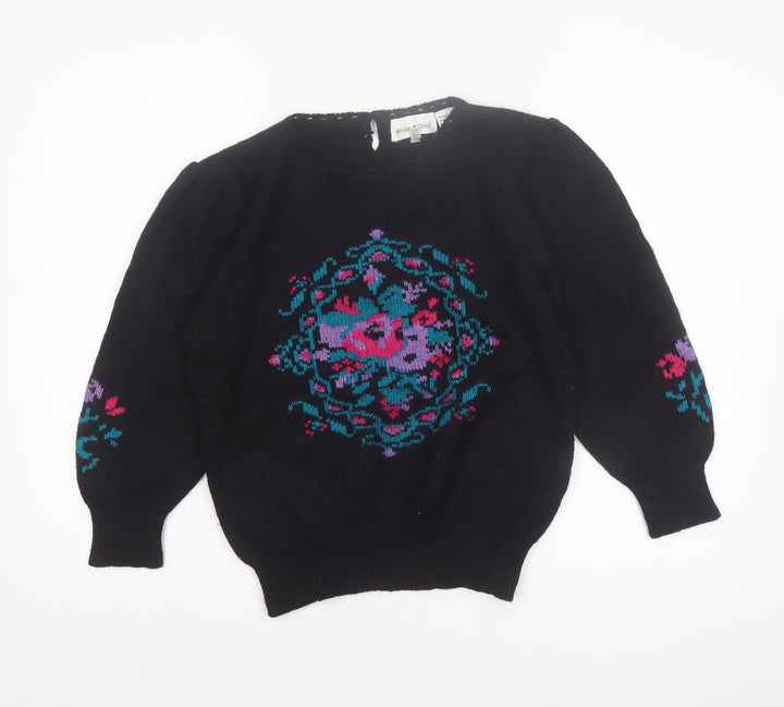 White Stag Womens Black Medium Floral Knit Pullover Jumper Wool Blend