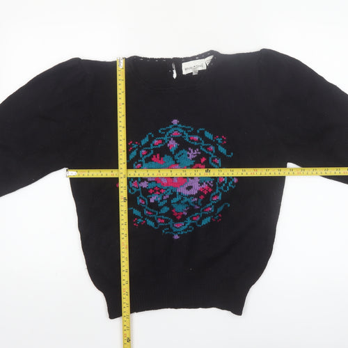 White Stag Womens Black Medium Floral Knit Pullover Jumper Wool Blend