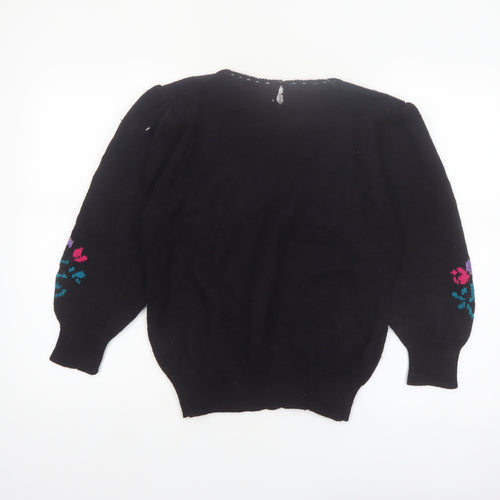 White Stag Womens Black Medium Floral Knit Pullover Jumper Wool Blend
