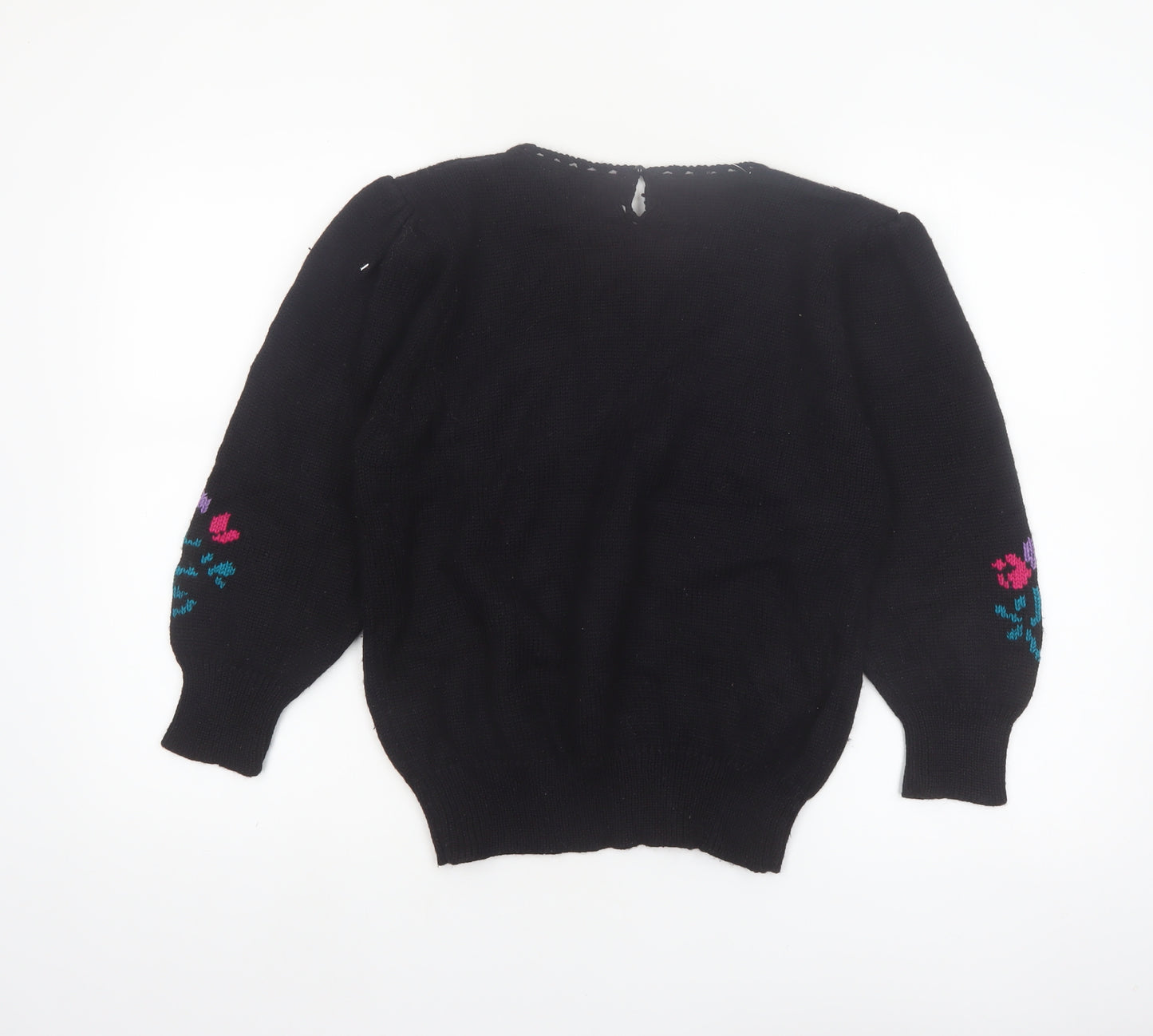 White Stag Womens Black Medium Floral Knit Pullover Jumper Wool Blend
