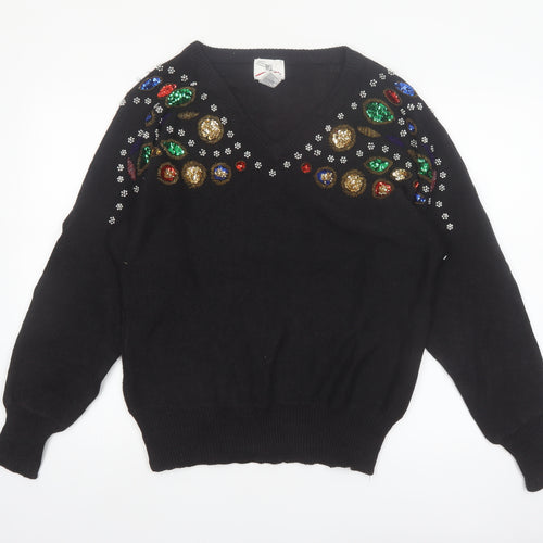SML Sport Ltd Women’s Black Beaded V-Neck 90s Vintage Jumper M