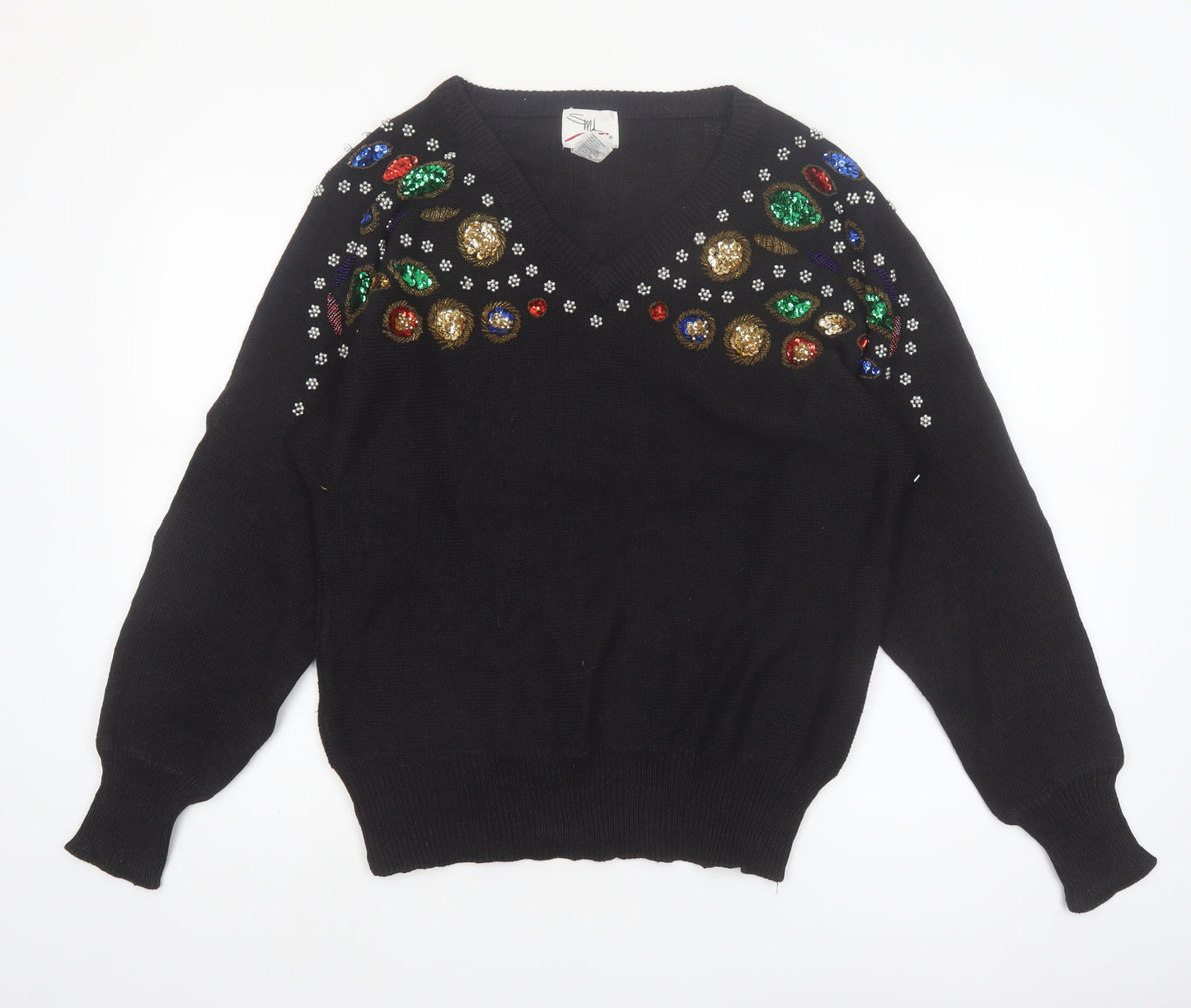 SML Sport Ltd Women’s Black Beaded V-Neck 90s Vintage Jumper M