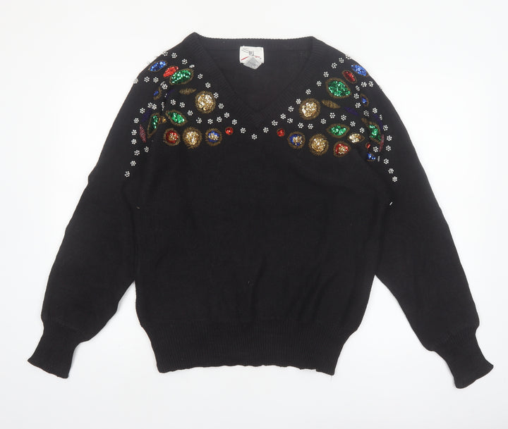 SML Sport Ltd Women’s Black Beaded V-Neck 90s Vintage Jumper M