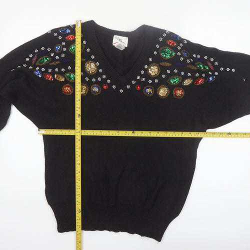 SML Sport Ltd Women’s Black Beaded V-Neck 90s Vintage Jumper M