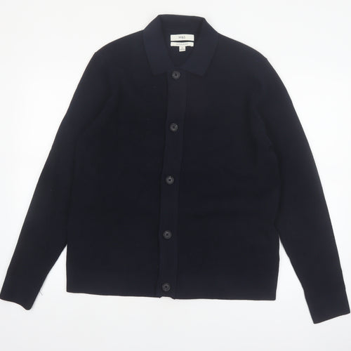 Marks and Spencer Men's Black Cotton Blend Collared Cardigan L