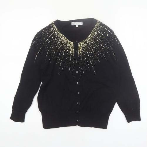 Red Herring Women's Black Beaded Crew Neck Cotton Cardigan Size 14