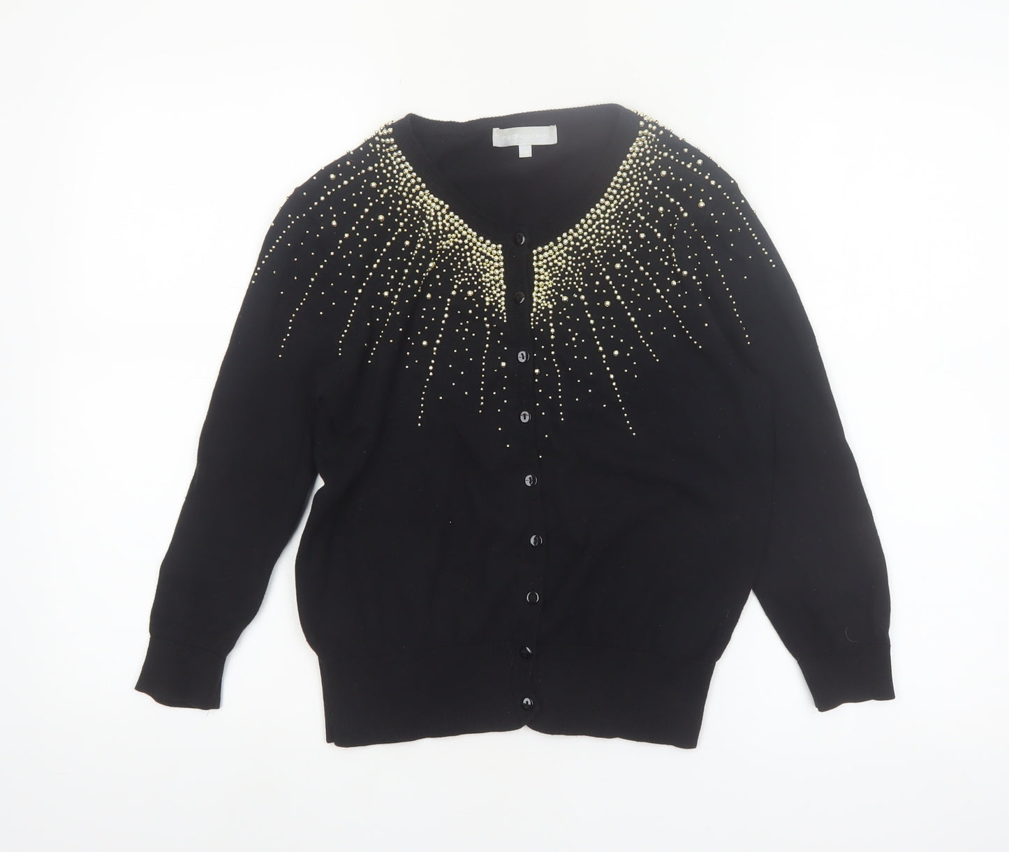 Red Herring Women's Black Beaded Crew Neck Cotton Cardigan Size 14