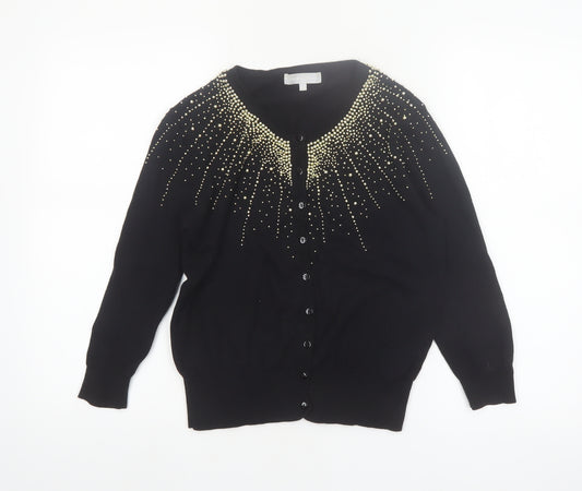 Red Herring Women's Black Beaded Crew Neck Cotton Cardigan Size 14