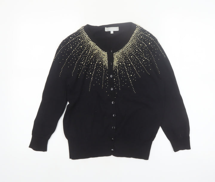 Red Herring Women's Black Beaded Crew Neck Cotton Cardigan Size 14