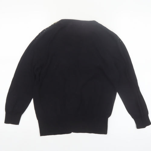 Red Herring Women's Black Beaded Crew Neck Cotton Cardigan Size 14