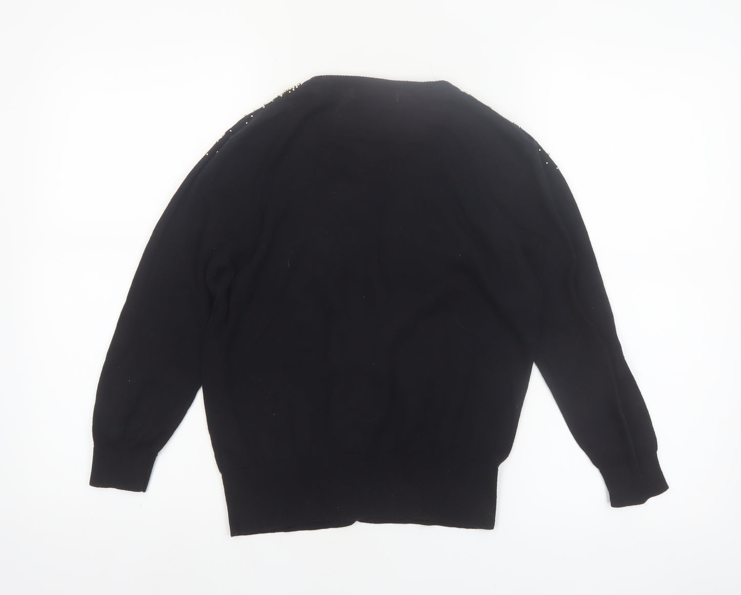Red Herring Women's Black Beaded Crew Neck Cotton Cardigan Size 14