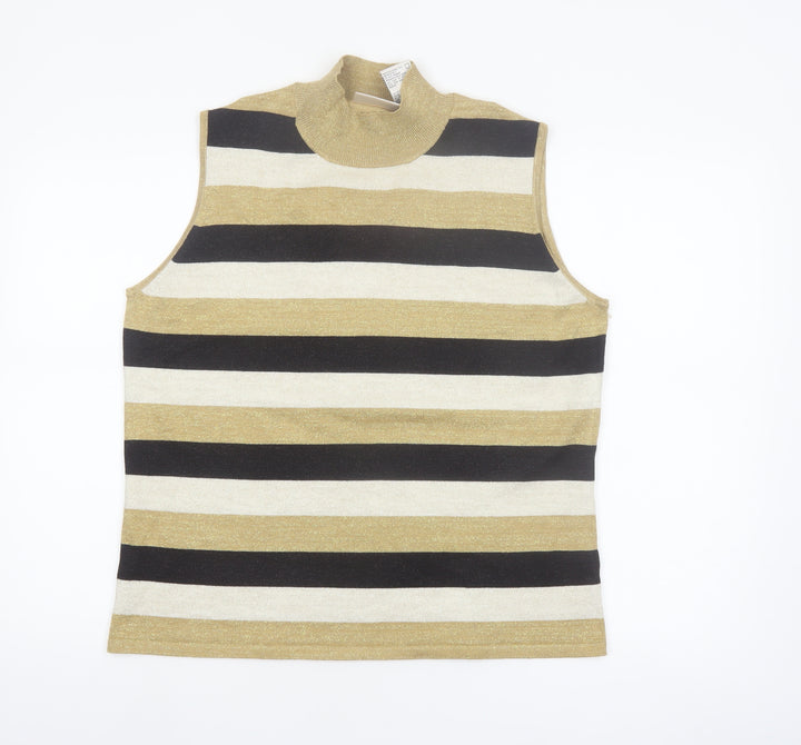 Kathie Lee Collection Women's Gold Striped Mock Neck Sleeveless Knit Jumper XL