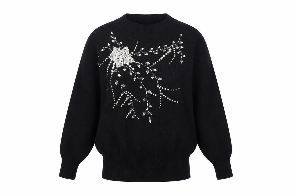 Front view of Phil Carry Women's Black Beaded High Neck jumper, size S